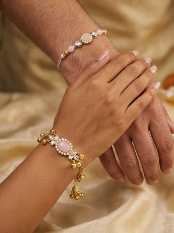Elegant Pastel Pink Kundan & Stone Bhaiya Bhabhi Rakhi Set