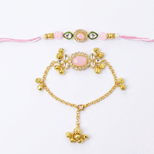 Elegant Pastel Pink Kundan & Stone Bhaiya Bhabhi Rakhi Set