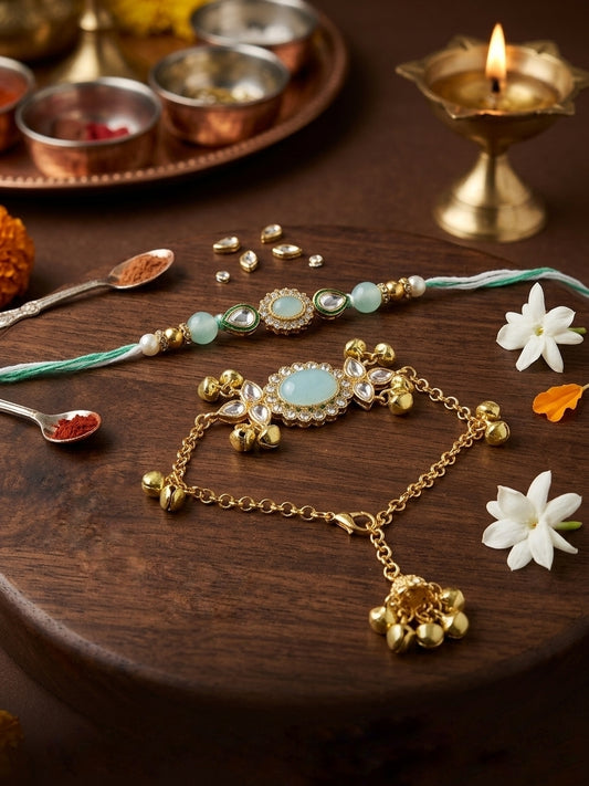 Traditional Gold-Plated Kundan Lumba & Rakhi Set with Ghungroo Details