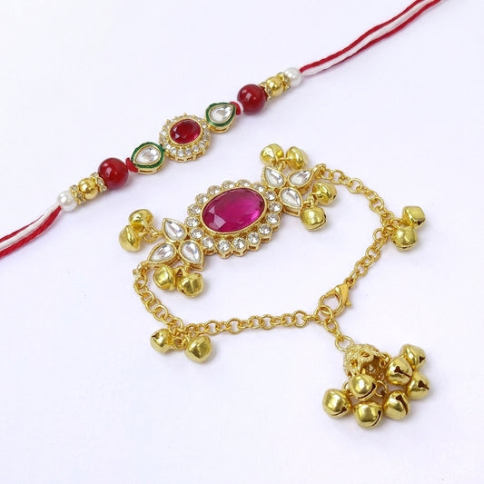 Traditional Gold-Plated Kundan Lumba & Rakhi Set with Ghungroo Details