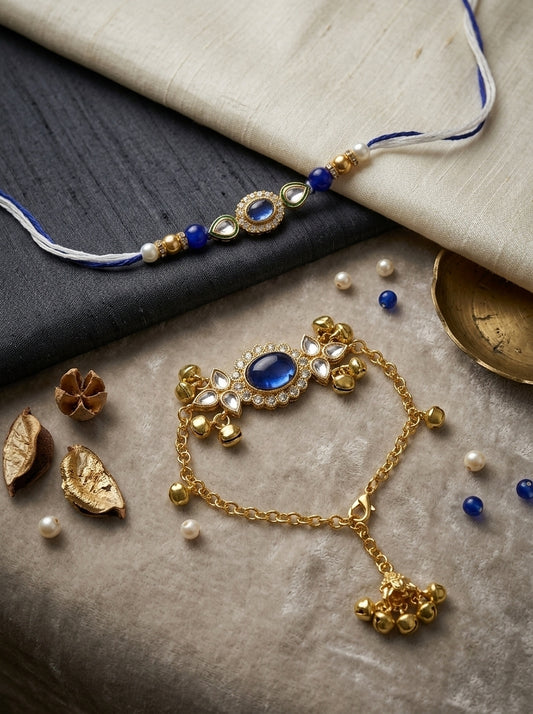Traditional Gold-Plated Kundan Lumba & Rakhi Set with Ghungroo Details