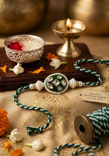 Royal Emerald Green Kundan Rakhi with Pearl Border & Braided Thread