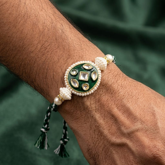 Royal Emerald Green Kundan Rakhi with Pearl Border & Braided Thread