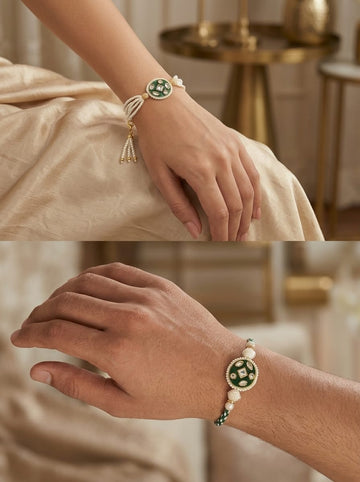 Emerald Green Kundan Bhaiya Bhabhi Rakhi Set with Multi-Strand Pearl Lumba