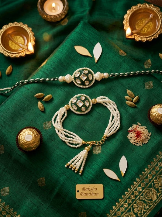 Emerald Green Kundan Bhaiya Bhabhi Rakhi Set with Multi-Strand Pearl Lumba