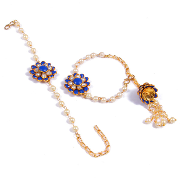 Elegant Pearl and Floral Rakhi Set on Silk Drape – Includes Free Chawal & Kumkum