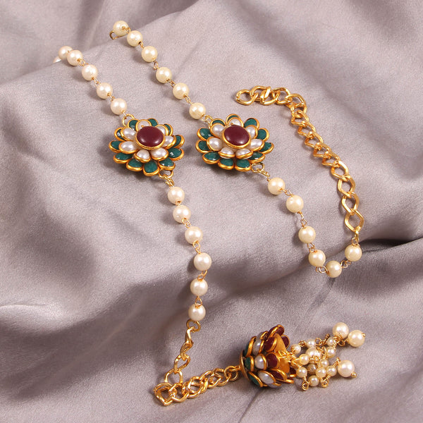 Elegant Pearl and Floral Rakhi Set on Silk Drape – Includes Free Chawal & Kumkum