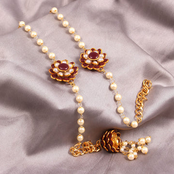 Elegant Pearl and Floral Rakhi Set on Silk Drape – Includes Free Chawal & Kumkum