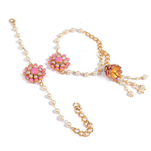 Elegant Pearl and Floral Rakhi Set on Silk Drape – Includes Free Chawal & Kumkum