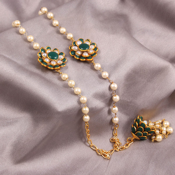 Elegant Pearl and Floral Rakhi Set on Silk Drape – Includes Free Chawal & Kumkum