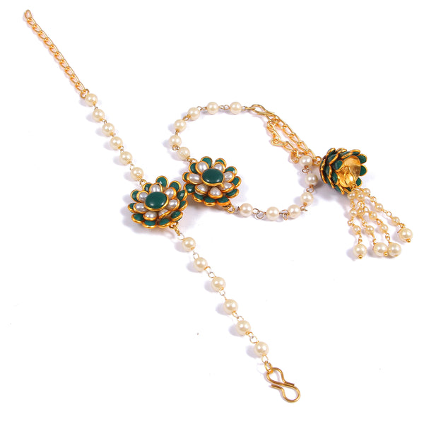 Elegant Pearl and Floral Rakhi Set on Silk Drape – Includes Free Chawal & Kumkum