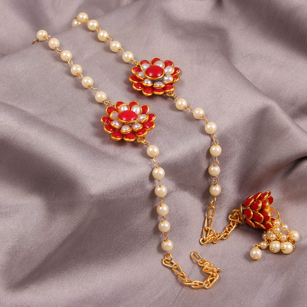 Elegant Pearl and Floral Rakhi Set on Silk Drape – Includes Free Chawal & Kumkum
