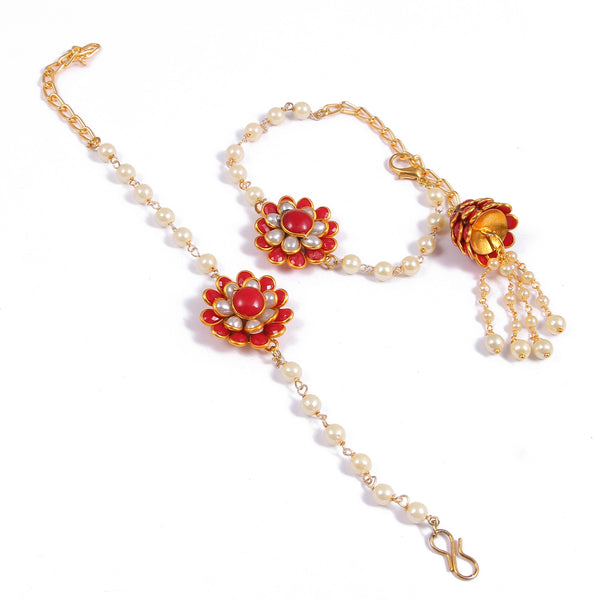 Elegant Pearl and Floral Rakhi Set on Silk Drape – Includes Free Chawal & Kumkum