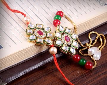 Elegant Kundan Rakhi With Free Chawal & Kumkum