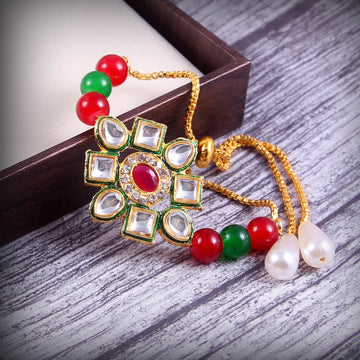 Elegant Kundan Rakhi With Free Chawal & Kumkum