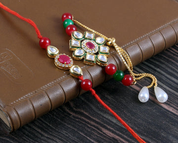 Elegant Kundan Rakhi With Free Chawal & Kumkum