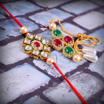 Elegant Kundan Rakhi With Free Chawal & Kumkum