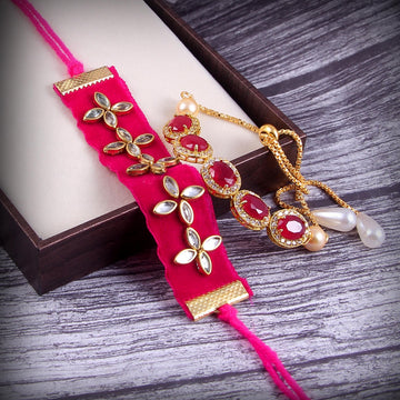 Elegant Kundan Rakhi With Free Chawal & Kumkum