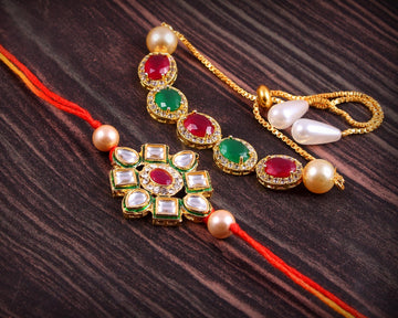 Elegant Kundan Rakhi With Free Chawal & Kumkum
