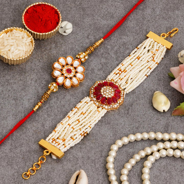 Kundan Pearl Rakhi Set with Free Chawal & Kumkum