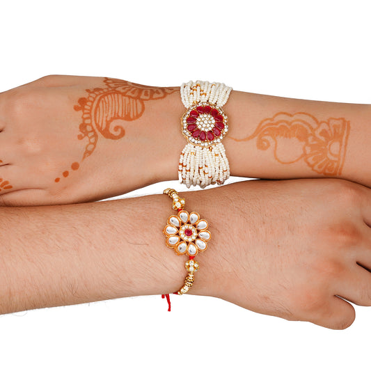 Kundan Pearl Rakhi Set with Free Chawal & Kumkum