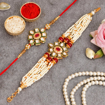 Kundan Pearl Rakhi Set with Free Chawal & Kumkum