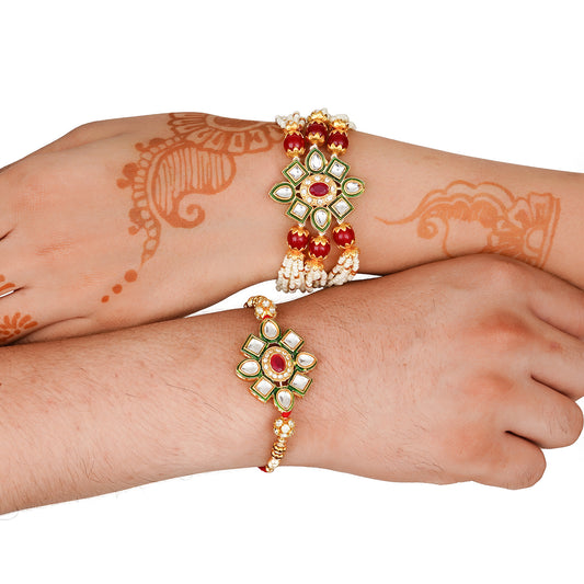 Kundan Pearl Rakhi Set with Free Chawal & Kumkum