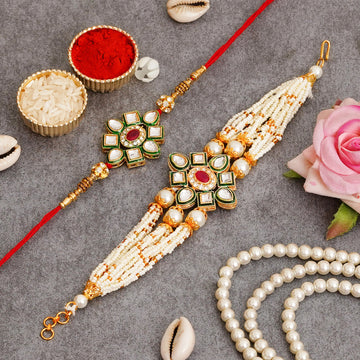 Kundan Pearl Rakhi Set with Free Chawal & Kumkum