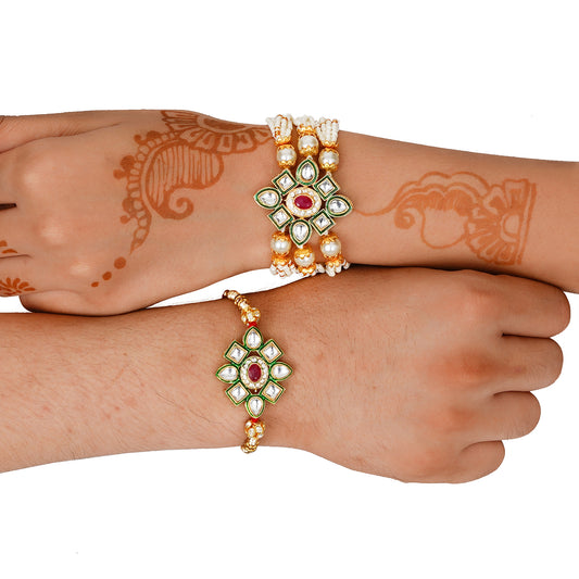 Kundan Pearl Rakhi Set with Free Chawal & Kumkum