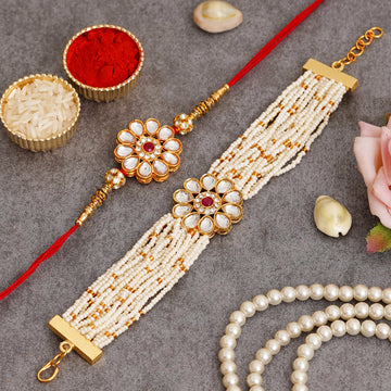 Kundan Pearl Rakhi Set with Free Chawal & Kumkum