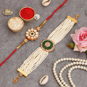 Kundan Pearl Rakhi Set with Free Chawal & Kumkum