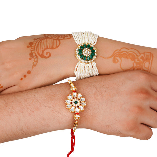 Kundan Pearl Rakhi Set with Free Chawal & Kumkum