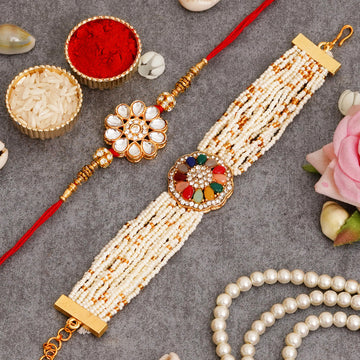 Kundan Pearl Rakhi Set with Free Chawal & Kumkum