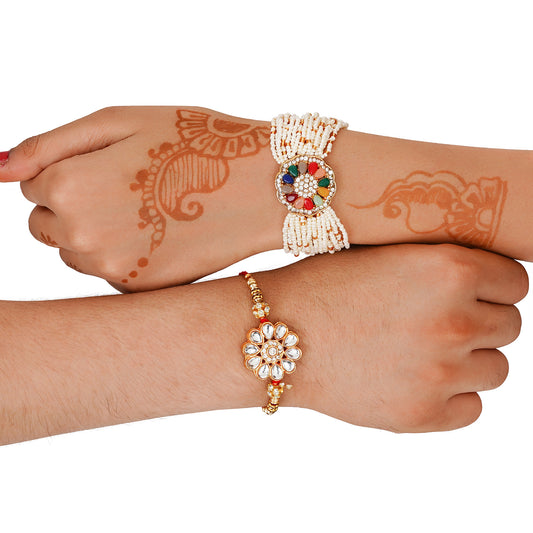 Kundan Pearl Rakhi Set with Free Chawal & Kumkum