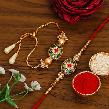 Traditional Meenakari Rakhi & Bracelet Combo with Free Chawal & Kumkum