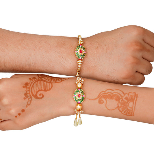 Traditional Meenakari Rakhi & Bracelet Combo with Free Chawal & Kumkum