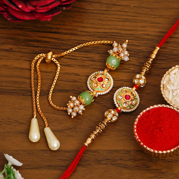 Designer Green Beaded Rakhi & Bracelet Set with Free Chawal & Kumkum