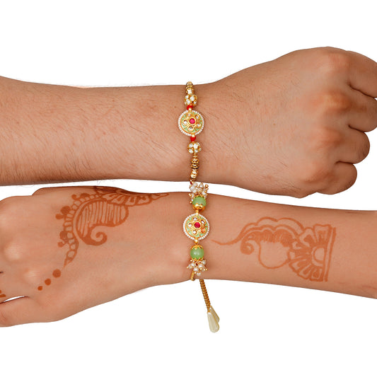 Designer Green Beaded Rakhi & Bracelet Set with Free Chawal & Kumkum