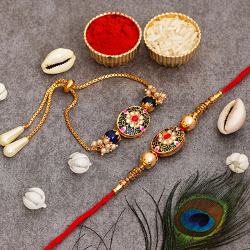 Meenakari Rakhi & Bracelet Set with Free Chawal & Kumkum