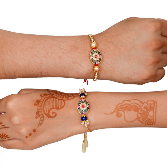 Meenakari Rakhi & Bracelet Set with Free Chawal & Kumkum