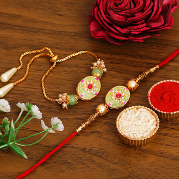 Meenakari Rakhi & Bracelet Set with Free Chawal & Kumkum