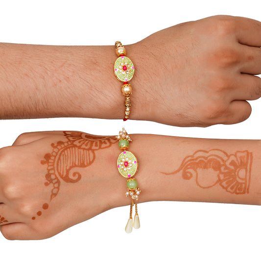 Meenakari Rakhi & Bracelet Set with Free Chawal & Kumkum