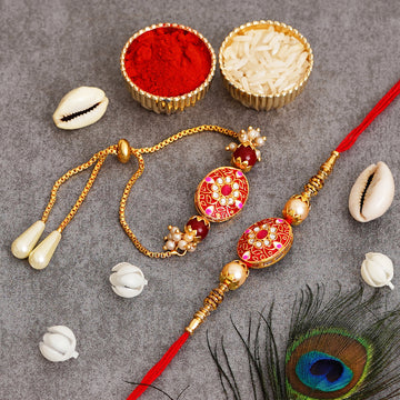 Meenakari Rakhi & Bracelet Set with Free Chawal & Kumkum