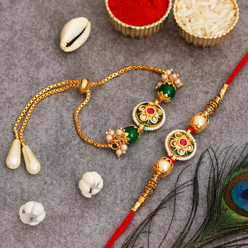 Meenakari Rakhi & Bracelet Set with Free Chawal & Kumkum