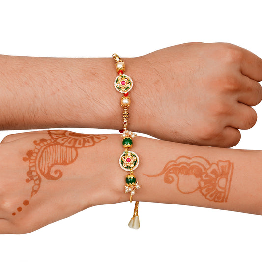 Meenakari Rakhi & Bracelet Set with Free Chawal & Kumkum