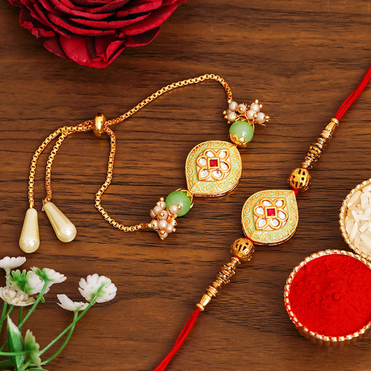 Meenakari Rakhi & Bracelet Set with Free Chawal & Kumkum
