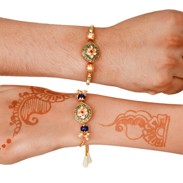 Meenakari Rakhi & Bracelet Set with Free Chawal & Kumkum