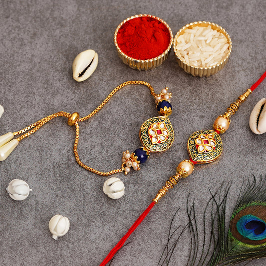 Meenakari Rakhi & Bracelet Set with Free Chawal & Kumkum