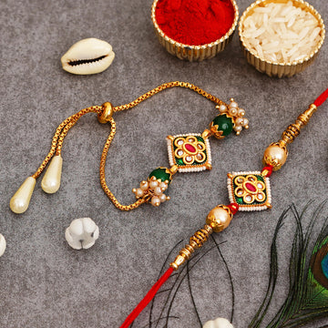 Meenakari Rakhi & Bracelet Set with Free Chawal & Kumkum