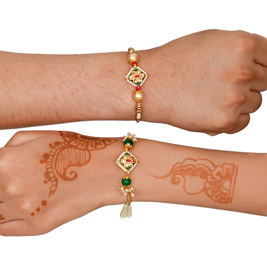 Meenakari Rakhi & Bracelet Set with Free Chawal & Kumkum